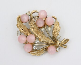 Vintage Pink Beaded and Gold Brooch with Silver Rhinestones - Floral Flower Bouquet Pin