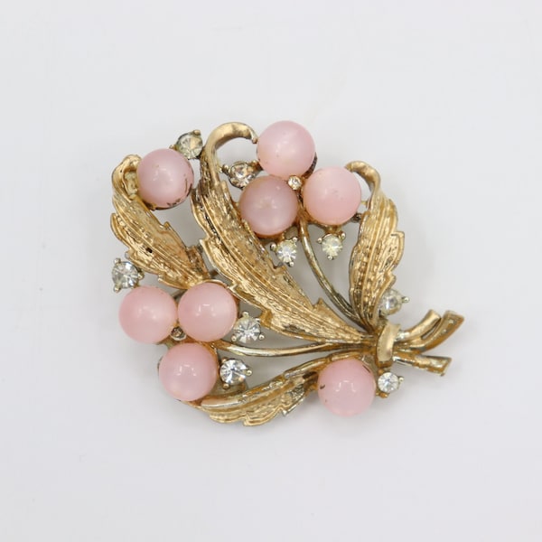 Vintage Pink Beaded and Gold Brooch with Silver Rhinestones - Floral Flower Bouquet Pin