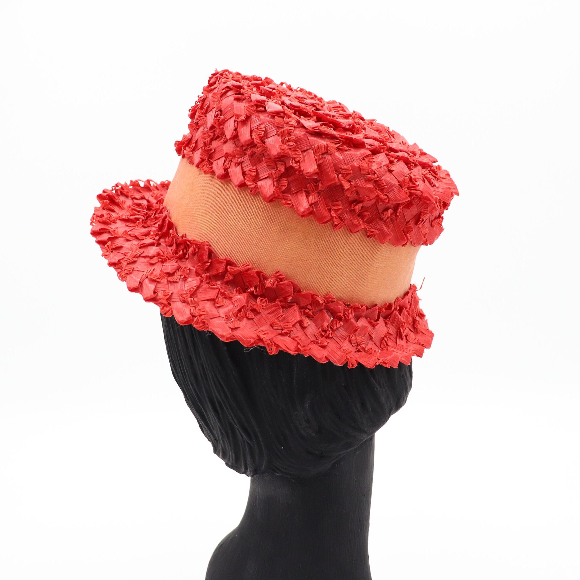 Vintage Red Straw Hat with Floral Stem Leaves 1960s Union Made Women\'s Cap Artsy $_57.JPG?set_id=880000500F main image 4