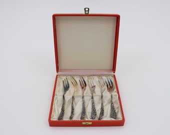 Vintage Set of 6 Silver Plated Cake Forks with Rose Pattern in Orange Box Case - Made in West Germany