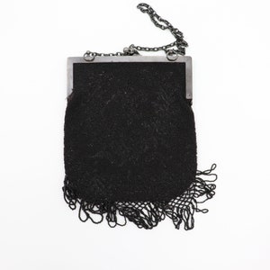 Vintage Jet Black Beaded Purse Antique 20s Flapper Bag with Bead Fringe image 4