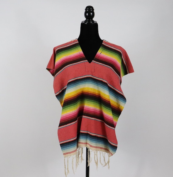 Vintage Mexican Serape Poncho Striped South American Shirt 
