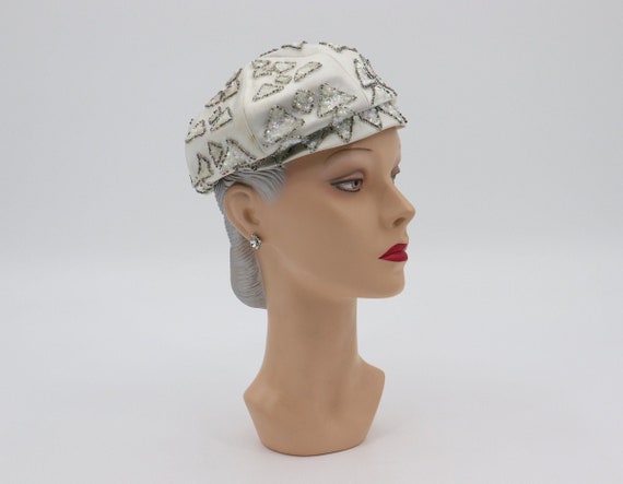 Vintage 1960s Women's White Hat with Sequins - Mo… - image 1