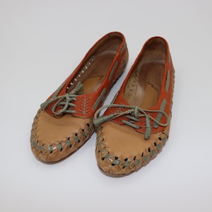 Small Vintage Moccasin Shoes Brown Two-Toned Leather Flats with Blue Laces Antique Slippers