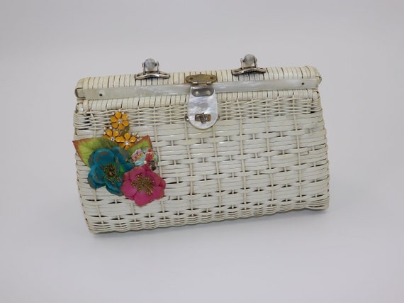 Antique Vintage White Wicker Purse with Multicolo… - image 1