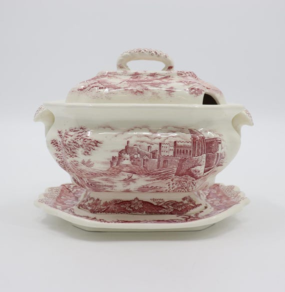 Vintage Soup Tureen, Castle Scene - Pink/White Transferware Gravy Boat Dish with Underplate, Lid - Made in Japan