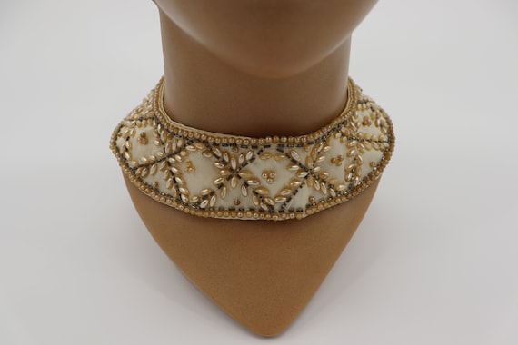 Vintage Cream Colored Beaded Collar with Faux Pea… - image 2