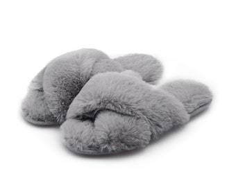 FLUFFxFLUFF / Open Toe Fluffy Slippers / Crossover Band Slippers