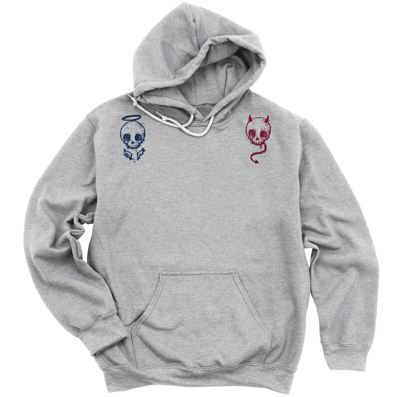 May include: A gray hooded sweatshirt with a skull graphic on each side. The skull on the left has a halo and the skull on the right has horns.
