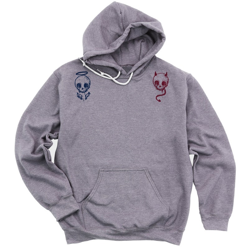 May include: A heather gray hooded sweatshirt with a skull wearing a halo on the left side and a skull with horns on the right side.