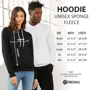 May include: Black and white hoodie with size chart showing measurements in inches. The hoodie is made of 52% ring-spun cotton and 48% polyester. The text "HOODIE UNISEX SPONGE FLEECE" is at the top of the image.