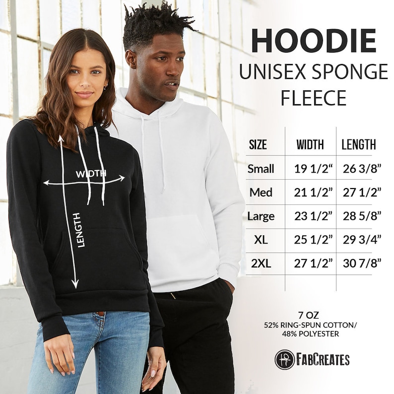 May include: Black and white hoodie with size chart showing measurements in inches. The hoodie is made of 52% ring-spun cotton and 48% polyester. The text "HOODIE UNISEX SPONGE FLEECE" is at the top of the image.