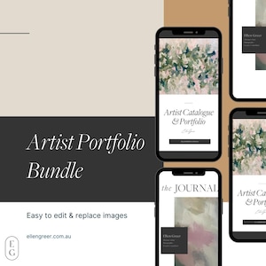 May include: A mockup of a phone screen showing a website for an artist's portfolio. The website features a colorful abstract painting and the text "Artist Catalogue & Portfolio".