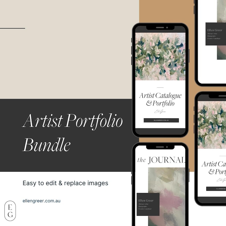 May include: A mockup of a phone screen showing a website for an artist's portfolio. The website features a colorful abstract painting and the text "Artist Catalogue & Portfolio".