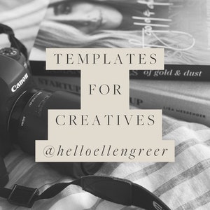 May include: Black and white photo of a camera and a book with the text "TEMPLATES FOR CREATIVES @helloellengreer" on a striped surface.