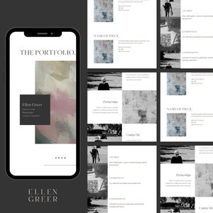 May include: A black and white portfolio page with the title "The Portfolio." The page features a photo of Ellen Greer, an abstract artist, photographer, and creative consultant. The page also includes information about her awards, exhibitions, commissions, and partnerships.