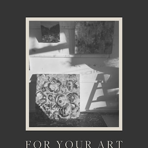 May include: Black and white photo of an art studio with three paintings hanging on the wall. The paintings are abstract and feature a variety of shapes and textures. The studio is lit by natural light, which casts shadows on the walls and floor. The text "TEMPLATES FOR YOUR ART BUSINESS" is displayed below the image. The website addresses "thestore-ellengreer.com" and "ellengreer.com.au" are displayed below the text.
