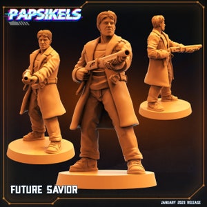May include: A 3D printed miniature figure of a person wearing a long coat and holding a gun. The figure is standing on a circular base. The text "FUTURE SAVIOR" is printed on the base. The text "JANUARY 2023 RELEASE" is printed at the bottom of the image.