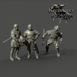May include: Three unpainted plastic figurines of medieval knights, each wearing chainmail armour and holding a weapon. The figures are posed in a fighting stance. The figures are from Reconquer Designs.