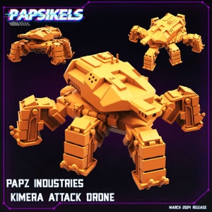 Könnte beinhalten: Ein leuchtend orangefarbener, vielbeiniger, artikulierter Roboter mit einem großen, rechteckigen Körper und einem kleineren, rechteckigen Kopf. Der Roboter ist mit "PAPZ INDUSTRIES KIMERA ATTACK DRONE" und "MARCH 2024 RELEASE" beschriftet.
