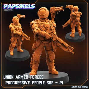 Op de afbeelding: Drie oranjegekleurde miniatuurfiguren van soldaten in gevechtsuitrusting, elk met een geweer. De figuren staan op zwarte bases. De tekst "UNION ARMED FORCES PROGRESSIVE PEOPLE SOF - 21" staat onderaan de afbeelding, met het "PAPSIKELS"-logo bovenaan.
