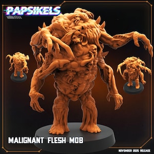 Op de afbeelding: Een gedetailleerde, oranje-bruine Malignant Flesh Mob miniatuurfiguur. De figuur heeft meerdere armen, schedels en een getextureerd uiterlijk. De basis is zwart. De tekst "MALIGNANT FLESH MOB" en "NOVEMBER 2025 RELEASE" zijn zichtbaar.