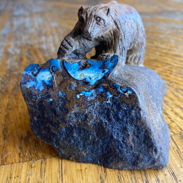 Australian boulder opal carved bear hunting fish (225 grams) 3x2.5x2.5 inch approx - Rare and amazing hand made
