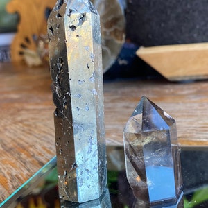 Pyrite obelisk 3.7” @ 142 grams & Natural Citrine/Smokey Quartz obelisk 1.6” @ 34 grams (Wealth, abundance, stress, grounding)Tower Duo