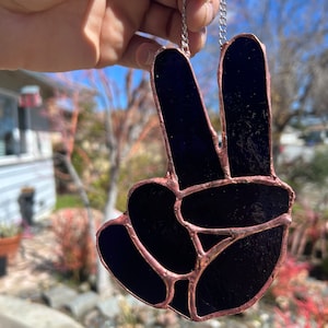 Indoor sun-catcher stained glass dark purple  peace sign  (6x4 in approx) wavy trippy psychedelic peace love sun catcher victory hippy 60s