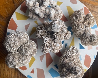 May include: Five rose quartz crystals on a white and brown patterned plate. The crystals are a light brown color and have a rough, textured surface.