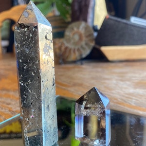 Pyrite obelisk 3.6” @ 132 grams & Natural Citrine/Smokey Quartz obelisk 1.5” @ 28 grams (Wealth, abundance, stress, grounding)Tower Duo
