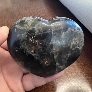 May include: A black heart-shaped crystal with white and gray veins. The crystal is polished and has a smooth surface.