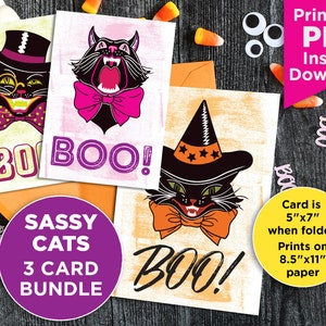 Ensemble de cartes de vœux d’Halloween imprimable, carte d’Halloween mignonne, boo, carte postale, Halloween vintage, numérique, carte de chat noire, taille de lettre, jeu de cartes