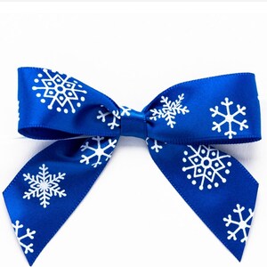 Snowflakes Twist Tie Bows - Large - 2 Loops x 3-1/4in Span, 2 Tails x 2in x 7/8in RIBBON WIDTH  Royal Blue/White