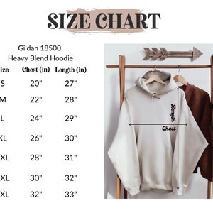 May include: Size chart for a Gildan 18500 Heavy Blend Hoodie. The chart shows the chest and length measurements in inches for sizes S through 4XL.