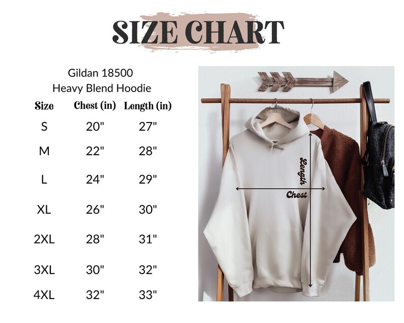 May include: Size chart for a Gildan 18500 Heavy Blend Hoodie. The chart shows the chest and length measurements in inches for sizes S through 4XL.