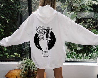 Witchy Hoodie Back Print Aesthetic Clothing Tarot Card Sun and Moon Tarot Oversized Hoodie Trendy Graphic Hoodie Cottagecore Clothes