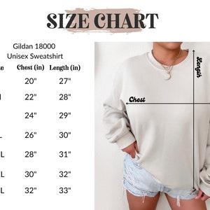Puede incluir: Tabla de tallas para una sudadera unisex Gildan 18000. La tabla muestra las medidas de pecho y largo en pulgadas para las tallas S a 4XL.