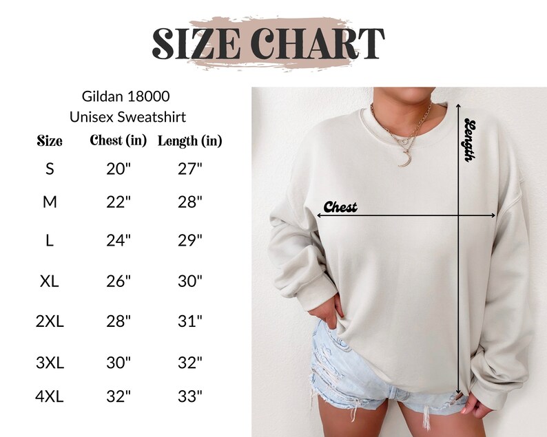 Puede incluir: Tabla de tallas para una sudadera unisex Gildan 18000. La tabla muestra las medidas de pecho y largo en pulgadas para las tallas S a 4XL.