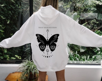 Witchy Mystical Hoodie Back Print Aesthetic Clothing Oversized Hoodie Moon Phases Hoodie Hippie Apparel with Butterfly Boho Hoodie