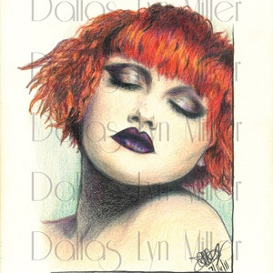 May include: A coloured pencil portrait of a person with closed eyes and vibrant red hair. The portrait features dark purple lipstick and eye shadow. The artwork is signed and dated.