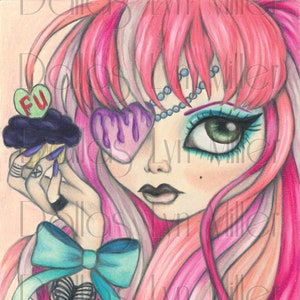 May include: A colorful illustration of a woman with pink and white hair, a teal bow, and a cupcake. The woman has a heart-shaped eyepatch and a green eye. The cupcake has a green heart with the letters "FU".