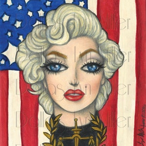 May include: A portrait of a woman with blonde hair and blue eyes, set against a backdrop of the American flag. The woman wears a black top with a gold scale of justice and laurel wreath. The artwork is signed "Doll by Lyn Miller Jun 10 2016".