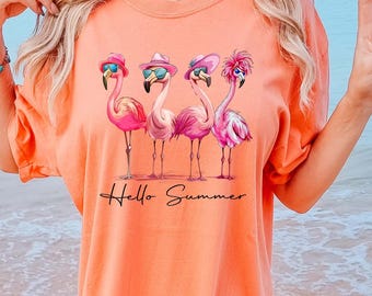 Comfort Colors® Hello Summer T-Shirt, Cute Flamingo Shirt, Summer Beach Graphic Tee, Funny Vacation Shirt, Tropical Animal T-Shirt