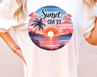 Comfort Colors® Sunset Chaser Shirt - Coastal Sunset Beach Graphic Tee, Women's Casual Vacation Tee, Ocean Lover Gift, Summer Travel Shirt