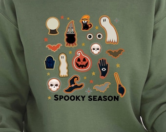 Spooky Season Halloween Sweatshirt, Cute Ghost Pumpkin Skull Bat Witch Fall Crewneck, Retro Vintage Halloween Party Pullover Sweater for Her