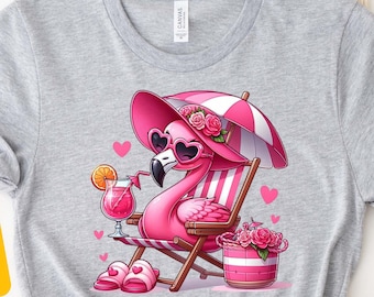 Pink Flamingo Summer Shirt, Cute Beach Flamingo Graphic Tee, Tropical Vacation Shirt for Women, Funny Relax Flamingo Drinking Shirt for Her
