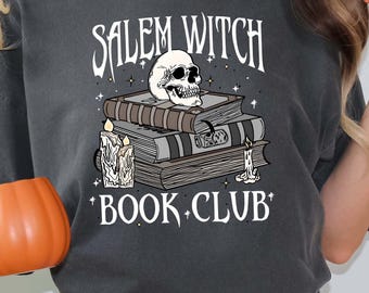 Comfort Colors® Salem Witch Book Club Shirt, Halloween Book Lover Tee, Spooky Skeleton Reading Shirt, Witchy Fall Shirt for Readers