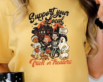 Chemise Comfort Colors® Support Your Local Trick or Treaters, t-shirt graphique d'Halloween vintage, chemise de la saison effrayante, jolie chemise de costume d'automne