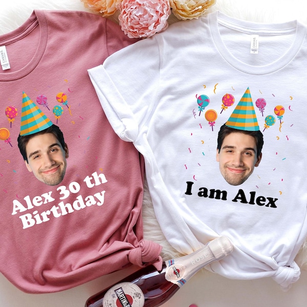 Custom Face Birthday Shirt, Name Birthday Shirt with Hat, Personalized Party T-Shirt, Milestone Gift Idea, Funny Birthday Group Shirts